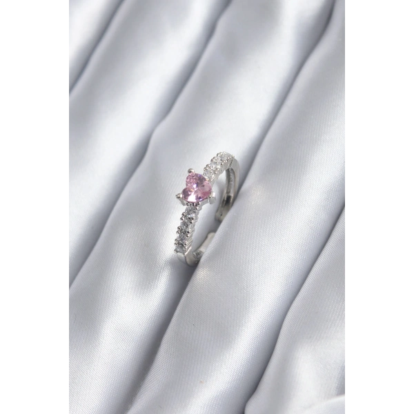 Gümüş Renk Zirkon Taşlı Pembe Kristal Kalp Model Kadın Yüzük