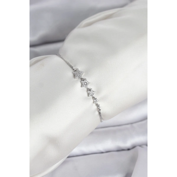 Gümüş Renk Zirkon Taşlı Yıldız Model Asansörlü Kadın Bileklik