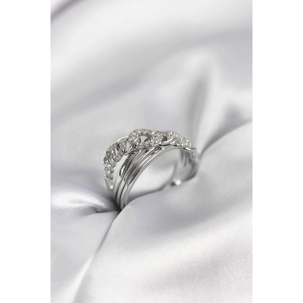 Gümüş Renk Zirkon Taşlı Zincir Model Kadın Yüzük