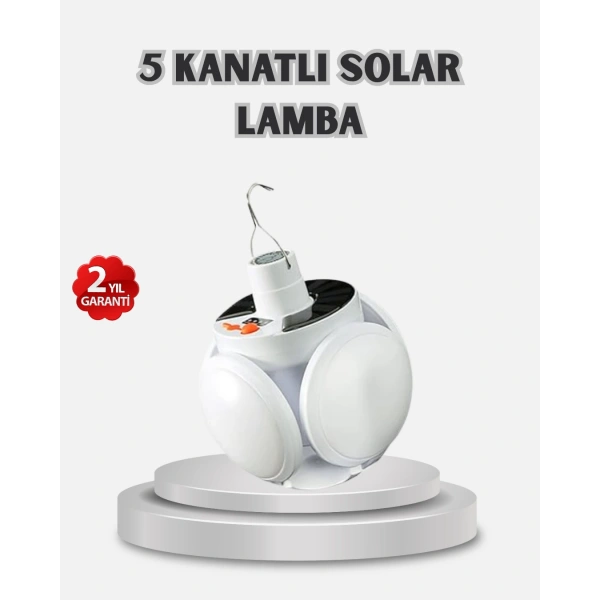 Güneş Enerjili ve USB Şarjlı LED Kamp Lambası – 5 Farklı Işık Modlu, Askılı Tasarım