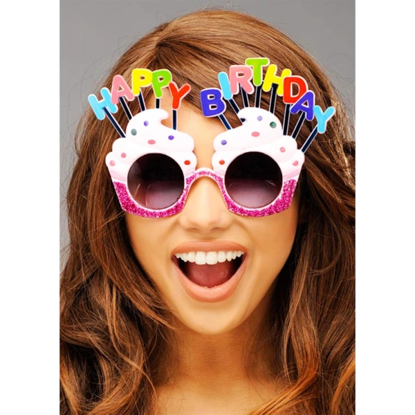 Happy Birthday Yazılı Beyaz Fuşya Renk Beyaz Pastalı Parti Gözlüğü 12x7 cm