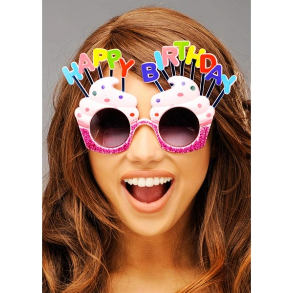 Happy Birthday Yazılı Pembe Fuşya Renk Pembe Pastalı Parti Gözlüğü 12x7 cm