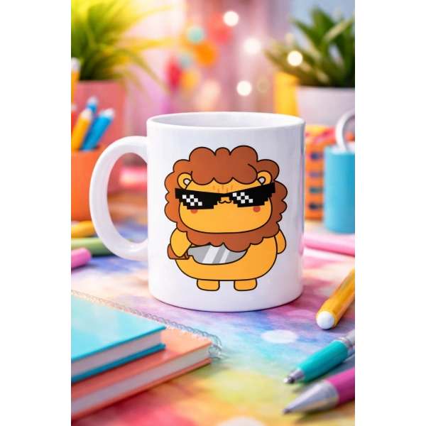 Havalı Aslan Figürlü Porselen Kupa MODEL 94 – Eğlenceli Tasarım Ofis & Ev İçin Özel Kupa