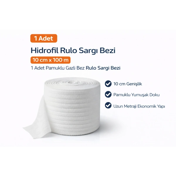 Hidrofil Rulo Sargı Bezi 10 cm x 100 m 1 Adet Pamuklu Gazlı Bez Rulo Sargı Bezi