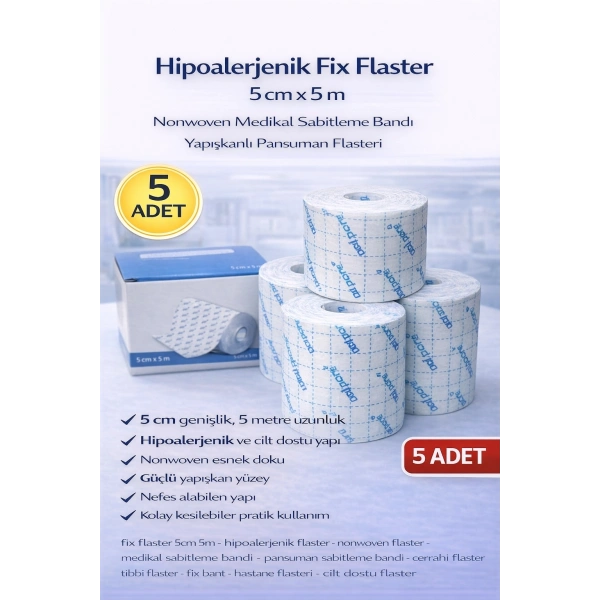 Hipoalerjenik Fix Flaster 5 cm x 5 m 5 Adet Nonwoven Medikal Sabitleme Bandı Yapışkanlı Pansuman Flasteri