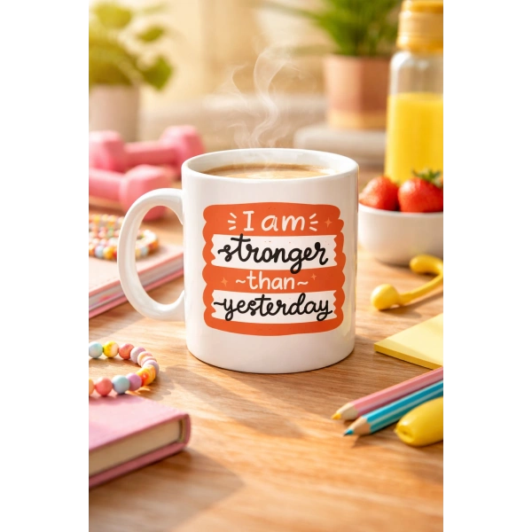 I Am Stronger Than Yesterday Motivasyon Kupası MODEL 136 – İlham Veren Tasarım, Porselen Kahve & Çay Kupası – Günlük Motivasyon Hediyesi