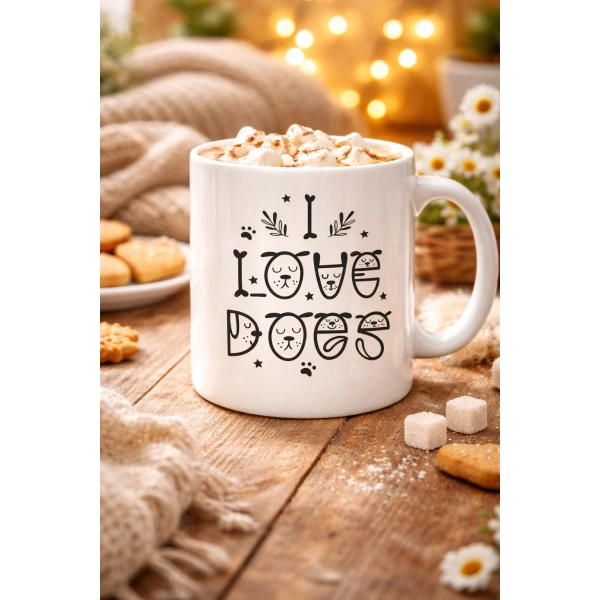 I Love Dogs Tasarımlı Porselen Kupa MODEL 64 – Sevimli Köpek Figürlü, Kahve & Çay Kupası