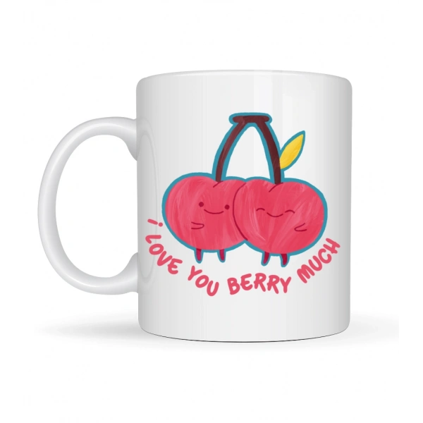 I Love You Berry Much Tasarımlı Kupa Model 12 Sevimli Kiraz Desenli Porselen Kahve Kupası - Hediye Fincanı
