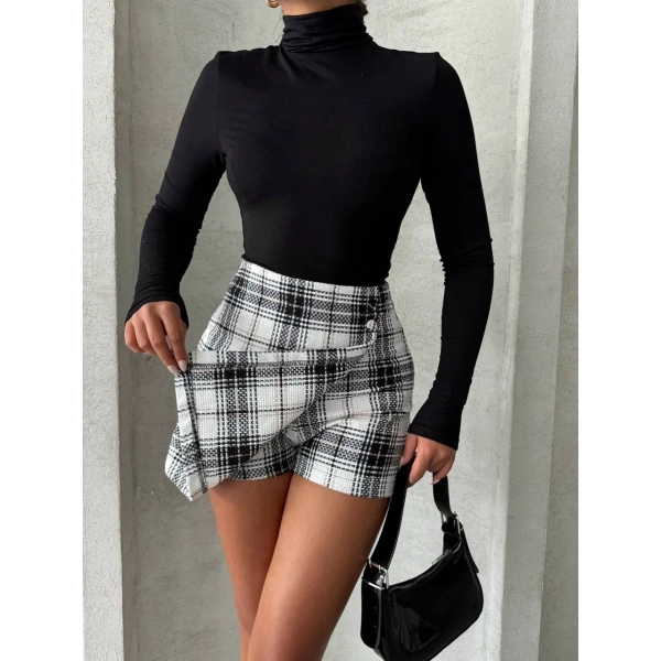 İki düğmeli şort ch kumaş etek ekoseli siyahbeyaz h26414