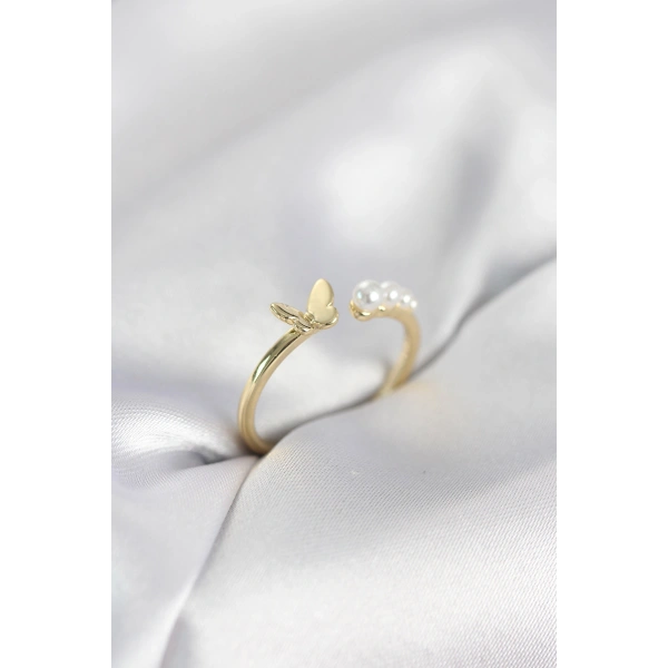 İncili Kelebek Model Gold Renk Pirinç Kadın Yüzük