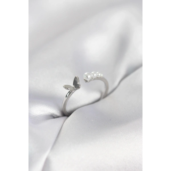 İncili Kelebek Model Gümüş Renk Pirinç Kadın Yüzük