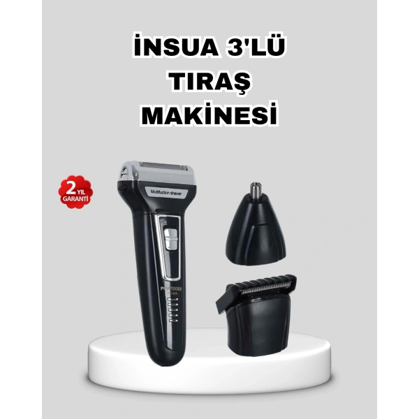 İnsua 3’lü Tıraş Makinesi – 3 Farklı Kesim Başlığı, Güçlü Motor, 60 Dakika Kullanım