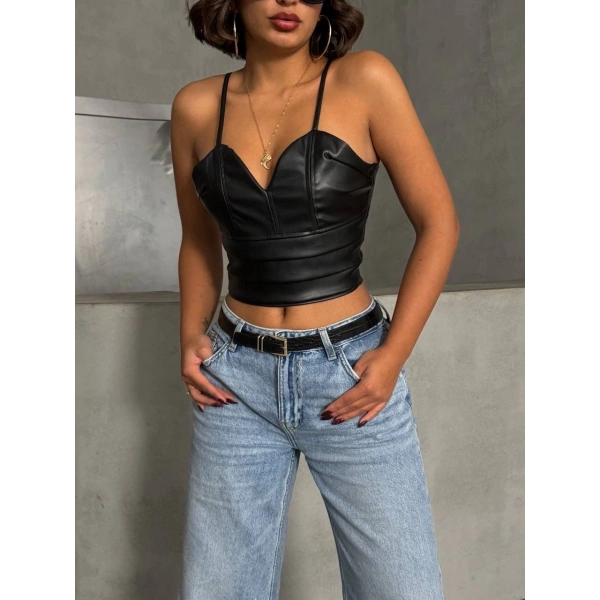 İp askılı yandan fermuarlı rastale deri crop siyah s24113