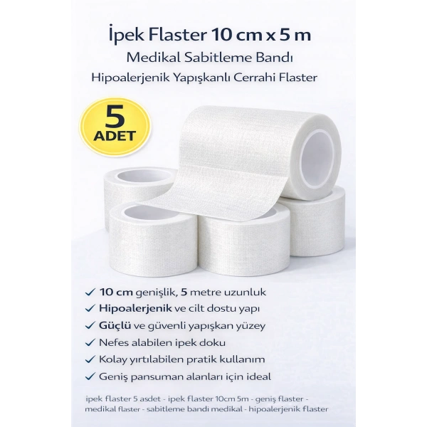 İpek Flaster 10 cm x 5 m 5 Adet Medikal Sabitleme Bandı Hipoalerjenik Yapışkanlı Cerrahi Flaster
