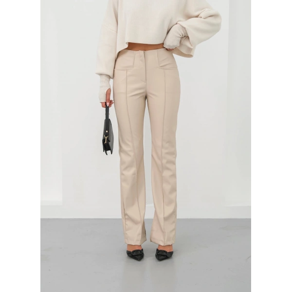 İspanyol yırtmaçlı paça deri pantolon bej hn