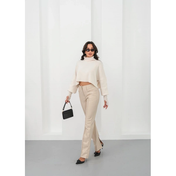 İspanyol yırtmaçlı paça deri pantolon bej hn