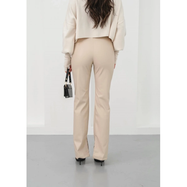 İspanyol yırtmaçlı paça deri pantolon bej hn