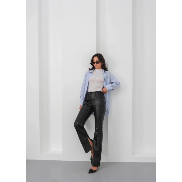 İspanyol yırtmaçlı paça deri pantolon siyah hn