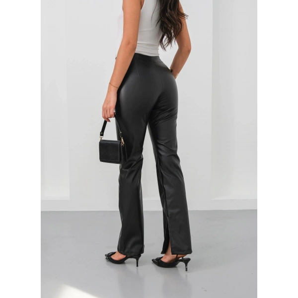 İspanyol yırtmaçlı paça deri pantolon siyah hn