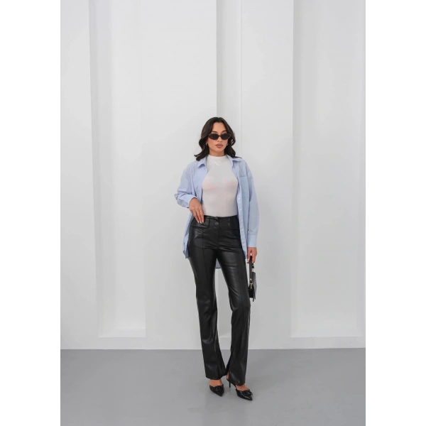 İspanyol yırtmaçlı paça deri pantolon siyah hn