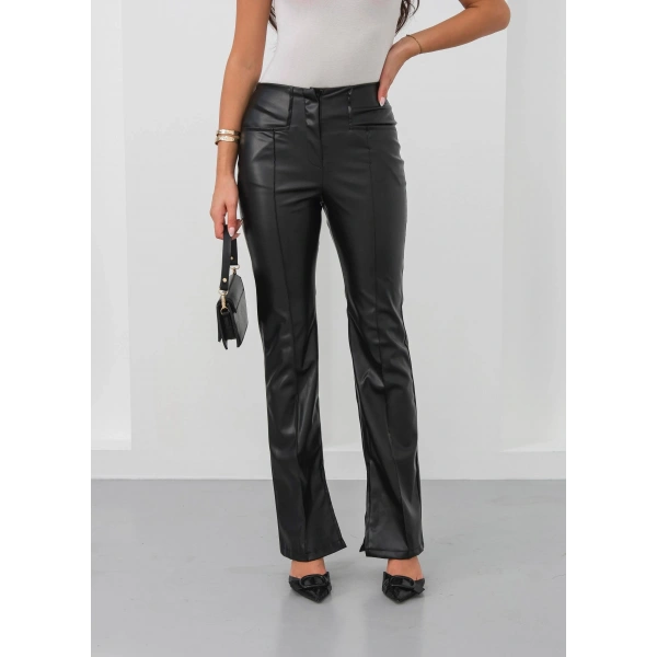 İspanyol yırtmaçlı paça deri pantolon siyah hn