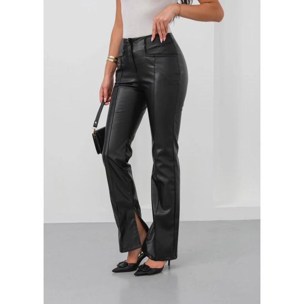 İspanyol yırtmaçlı paça deri pantolon siyah hn