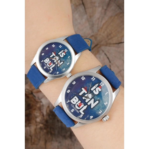 İstanbul Tasarım Lacivert Deri Kordonlu Sevgili Saatleri