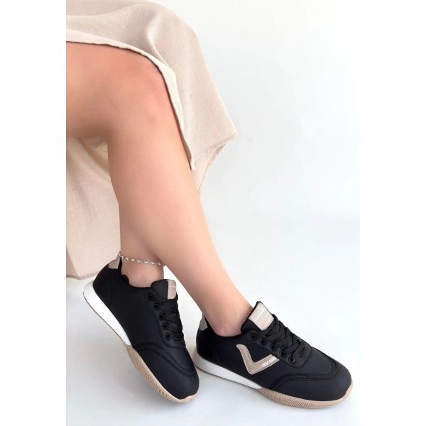 Jowen Siyah Cilt Bej Detaylı Bağcıklı Spor Ayakkabı