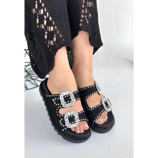 Juana Siyah Nubuk  Taşlı Terlik