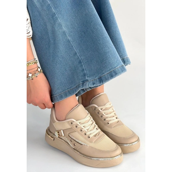 Junda Bej Cilt Bağcıklı Spor Ayakkabı