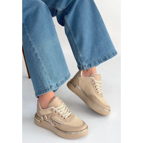 Junda Bej Cilt Bağcıklı Spor Ayakkabı