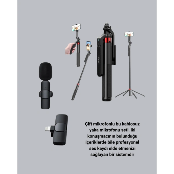 Kablosuz Çift Yaka Mikrofonu ve Tripodlu Selfie Çubuğu İçerik Üretici Seti