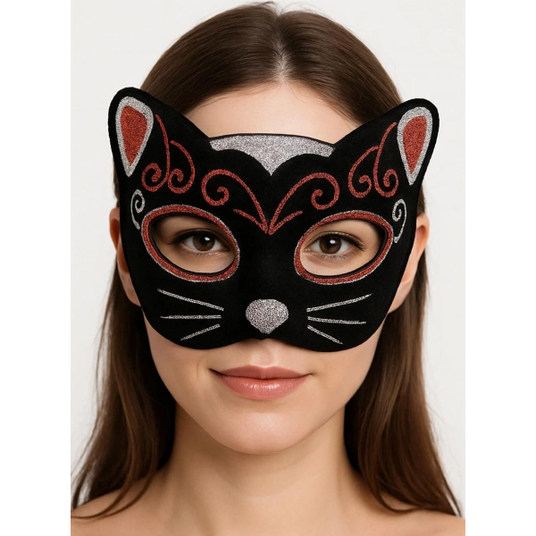 Kadife Dokulu Sim Detaylı Işıltılı Kedi Maskesi Kırmızı Gümüş 20x13 cm