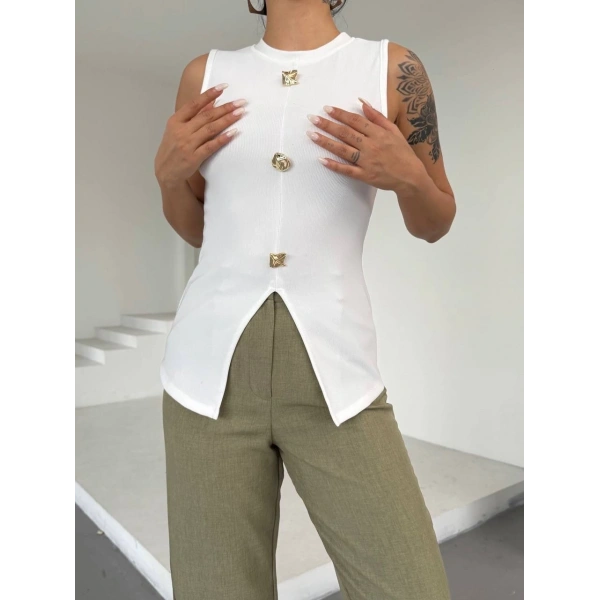Kadın beyaz bisiklet yaka gold düğmeli ottoman bluz s2310