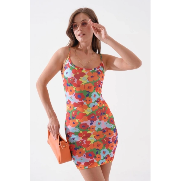 Kadın ince askılı desenli elbise s8105