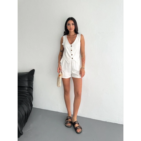 Kadın keten şort yelek takım s3461