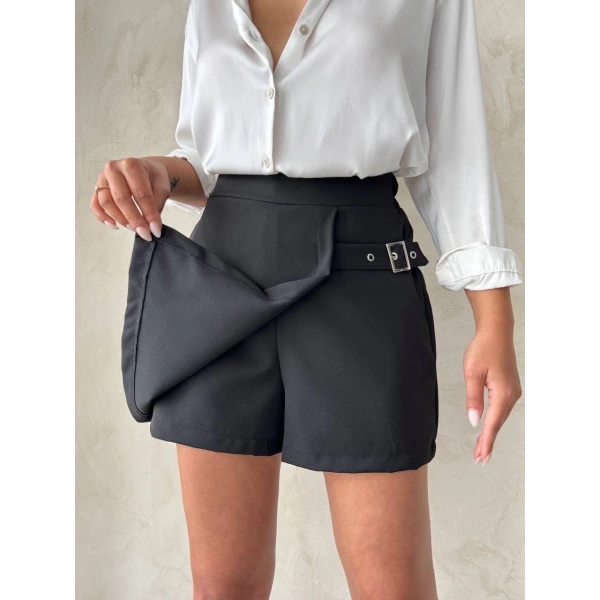 Kadın tokalı şort etek siyah s25449