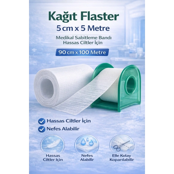Kağıt Flaster 5 cm x 5 m Medikal Sabitleme Bandı Hassas Ciltler İçin 1 ADET