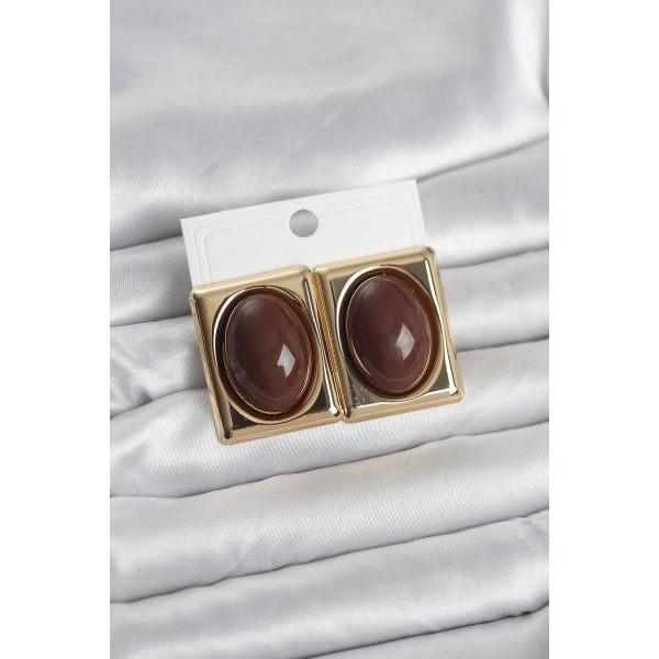 Kahverengi Kare Model Vintage Gold Renk Kadın Küpe