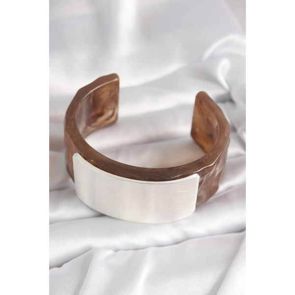 Kahverengi Mermer Desen Akrilik Plastik Gümüş Dikdörtgen Plaka Vintage Kadın Bilezik