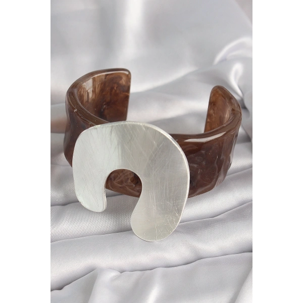 Kahverengi Mermer Desen Akrilik Plastik Gümüş Plaka Model Vintage Kadın Bilezik