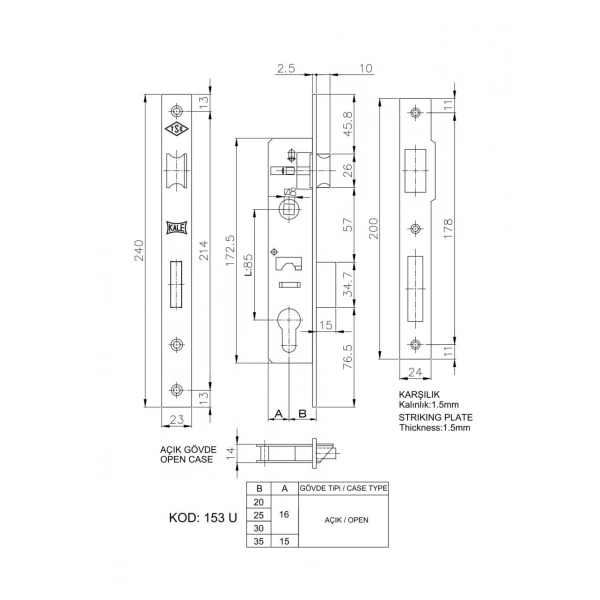 Kale 153 U 25 mm Dilli Silindirli Kilit