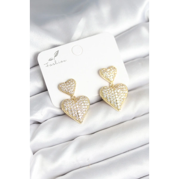 Kalp Model Zirkon Taşlı Gold Renk Pirinç Kadın Küpe