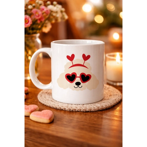 Kalpli Gözlü Sevimli Poodle (Kaniş) Tasarımlı Porselen Kupa Model 51 – Aşk Dolu, Tatlı ve Eğlenceli Hediye