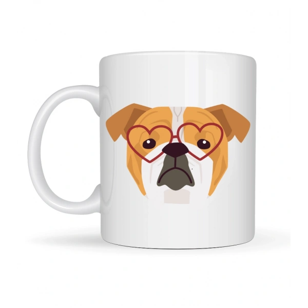 Kalpli Gözlüklü İngiliz Bulldog Tasarımlı Porselen Kupa Model 52 – Sevimli Köpek Desenli Kahve & Çay Kupası