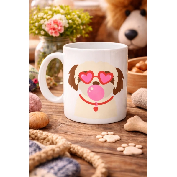 Kalpli Gözlüklü Shih Tzu Tasarımlı Porselen Kupa MODEL 53 – Sevimli Köpek Figürlü Kahve & Çay Kupası