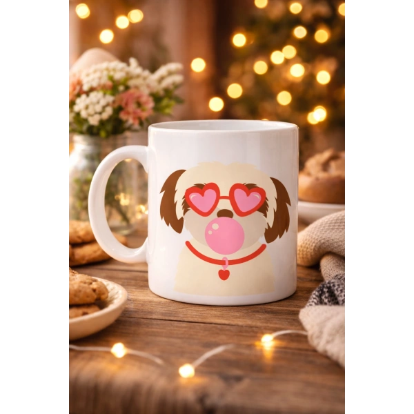 Kalpli Gözlüklü Shih Tzu Tasarımlı Porselen Kupa MODEL 53 – Sevimli Köpek Figürlü Kahve & Çay Kupası