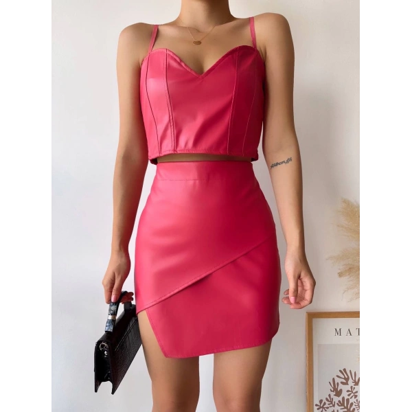 Kapaklı asimetrik model deri etek pembe s240106