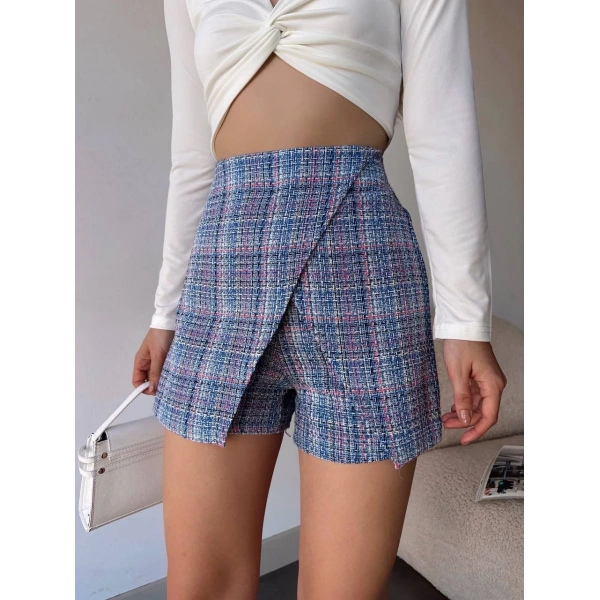 Kapaklı tüvit şort etek mavi