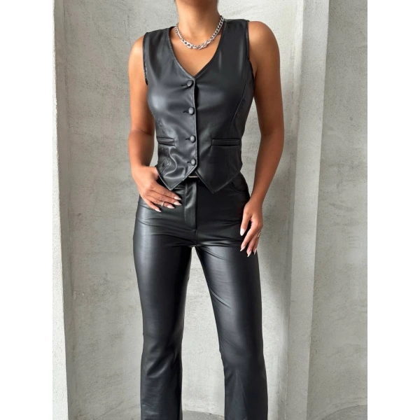 Kaplama düğmeli deri yelek siyah s24398